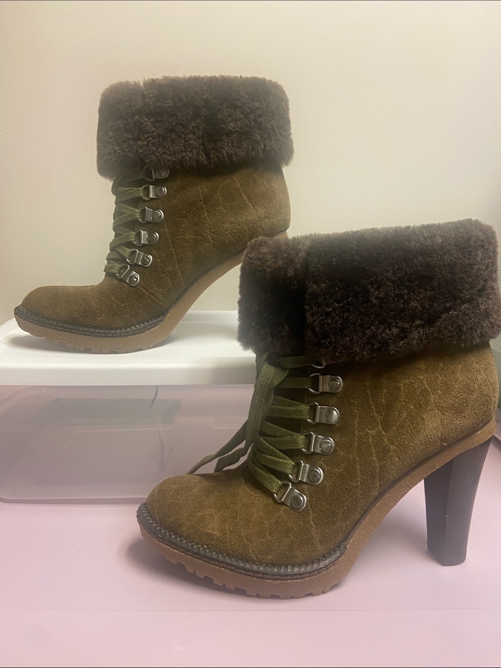 Via Spiga Olive Suede Lace-Up Faux-Fur Cuff Heeled Ankle Boots